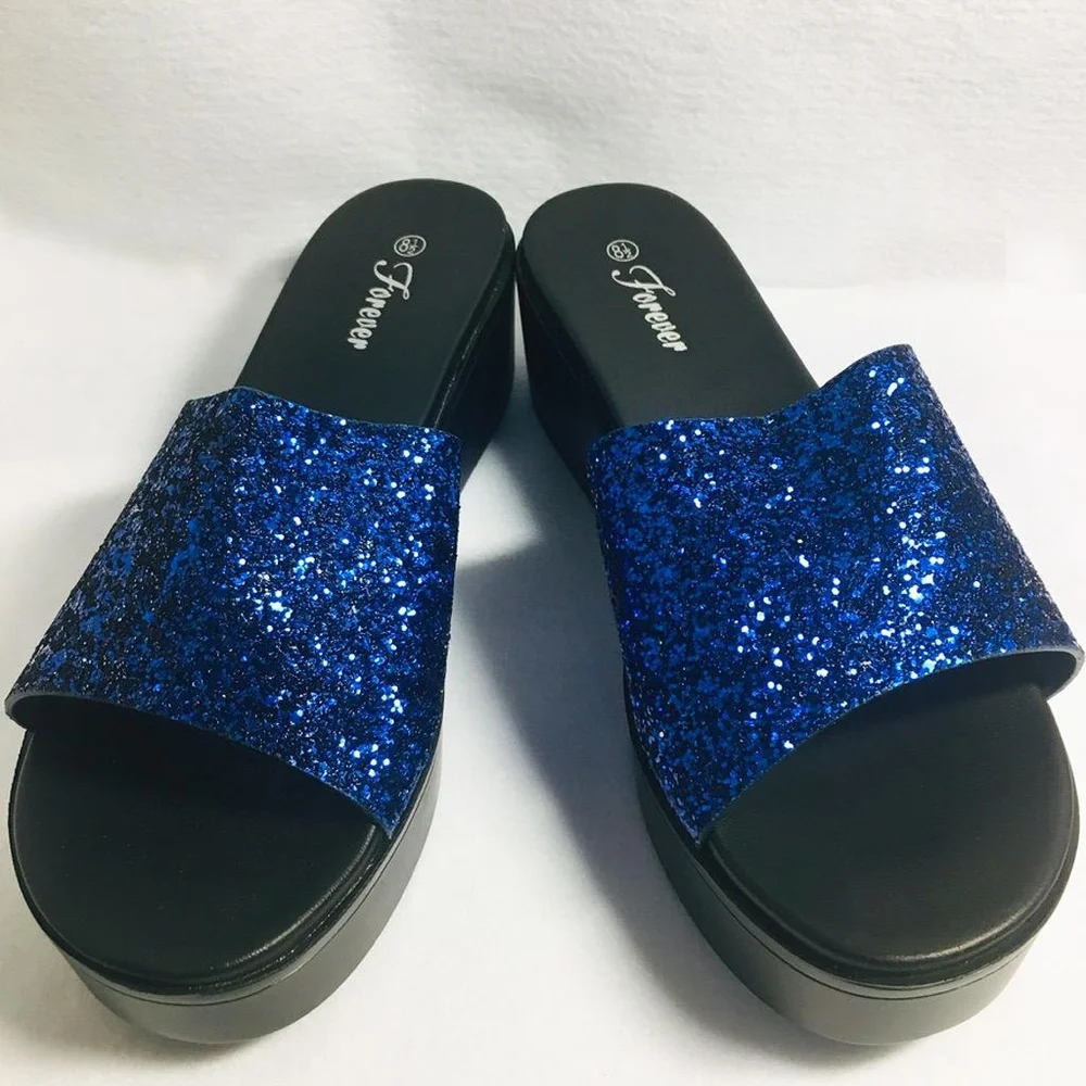 Women’s Slip On Raised Platform Sandals - Blue Glitter